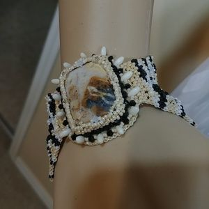 Black Cream & Tan Agate Beaded Bracelet